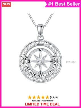 Compass Pendant Necklace Gold Plated Sterling Silver Moissanite Diamond
